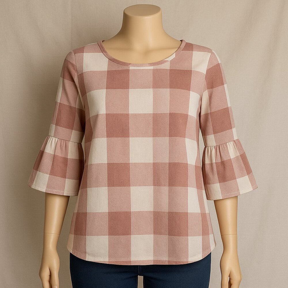 Final Touch Mauve & Cream Gingham Ruffle Sleeve Blouse – Size Small